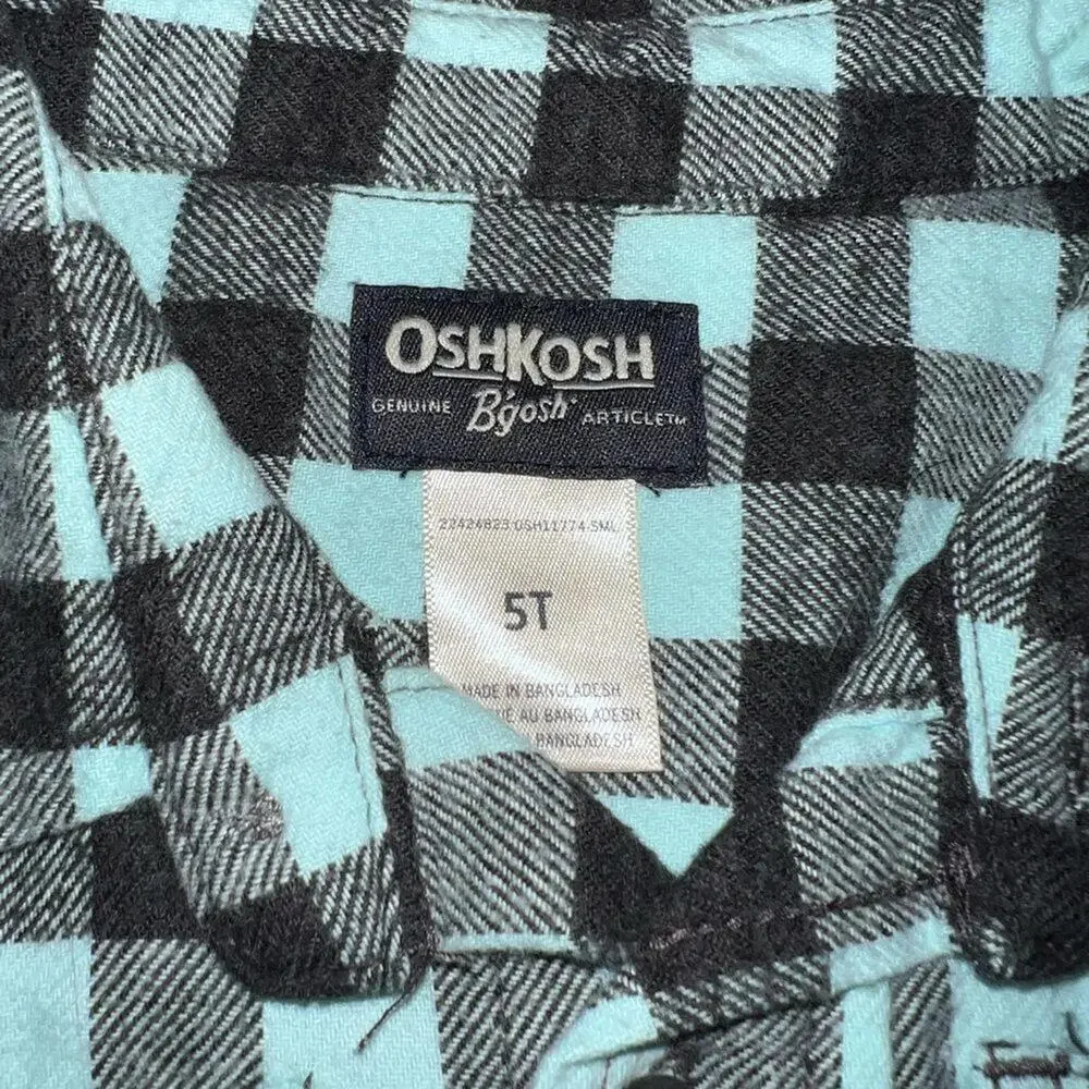 OshKosh B'gosh Toddler 5T Mint Green‎ Black Plaid 100% Cotton Flannel Shirt
